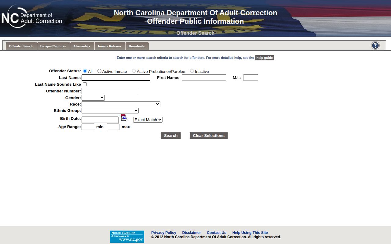 NCDAC search fields for Polk County parole and probation records